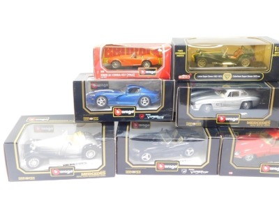 Burago and Maisto model cars, 1:28 scale, comprising Dodge Viper GTS Coupe, Mercedes Benz 300SL 1954, Ford AC Cobra 427 (1965), Mercedes 500K Roadster 1936, Dodge Viper RT10, Jaguar E Coupe 1961, Lotus Super 7, Ford AC Cobra 427 1965, Maisto Special Editi - 2