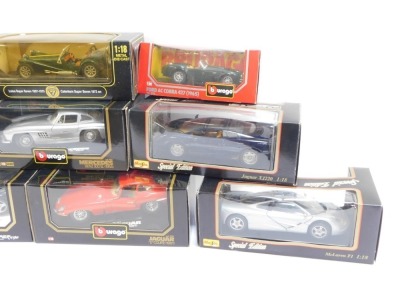 Burago and Maisto model cars, 1:28 scale, comprising Dodge Viper GTS Coupe, Mercedes Benz 300SL 1954, Ford AC Cobra 427 (1965), Mercedes 500K Roadster 1936, Dodge Viper RT10, Jaguar E Coupe 1961, Lotus Super 7, Ford AC Cobra 427 1965, Maisto Special Editi - 3