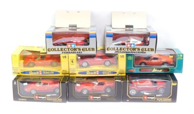 Eight 1:18 and 1:20 scale vehicles, comprising two Revell Ferrari models, 250 GT and 330 P4, Burago Ferrari 250GTO 1962, Ferrari 250 Le Mans 1965, and an Alfa Romeo 8C 2300 1981, a Ferrari Avia, 1:18 scale, and two Tamiya Collectors Club vehicles, 1:20 sc