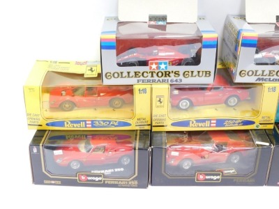 Eight 1:18 and 1:20 scale vehicles, comprising two Revell Ferrari models, 250 GT and 330 P4, Burago Ferrari 250GTO 1962, Ferrari 250 Le Mans 1965, and an Alfa Romeo 8C 2300 1981, a Ferrari Avia, 1:18 scale, and two Tamiya Collectors Club vehicles, 1:20 sc - 2