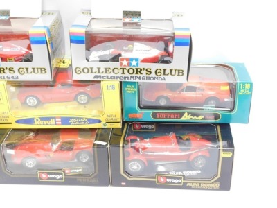 Eight 1:18 and 1:20 scale vehicles, comprising two Revell Ferrari models, 250 GT and 330 P4, Burago Ferrari 250GTO 1962, Ferrari 250 Le Mans 1965, and an Alfa Romeo 8C 2300 1981, a Ferrari Avia, 1:18 scale, and two Tamiya Collectors Club vehicles, 1:20 sc - 3