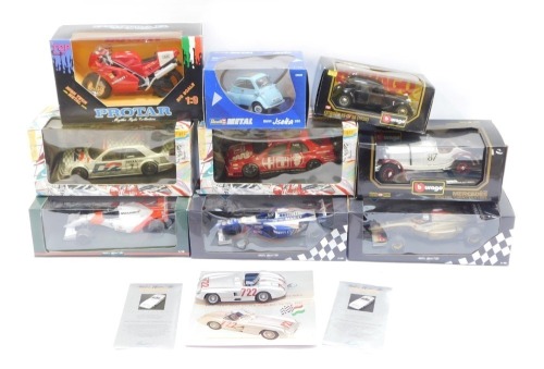 Burago and other model vehicles, 1:18 scale, comprising Mercedes Benz SSKL Caracciola 1931, Citroen 15 CVTA 1938, two Mini Champs 18, Revell metal BMW Isetta 250, Protar Ducati 80 851, Mercedes Benz 300SLR Stirling Moss, Mclaren Collection model, and two