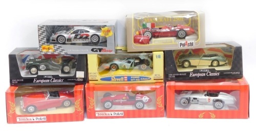 Eight diecast cars, 1:18 scale, comprising three Tonka Polistils, a Polistil Maserati 250F, a GT Racing Mercedes CLK GTR, Ertl European Champions 1956 Austin Healey 100SLX, Ford GT40 and a 1948 Jaguar XX20, boxed. (8)