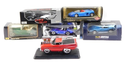 A group of diecast vehicles, 1:18 scale, comprising Maisto Mercedes Benz 300S, Shelby Cobra Super Snake, a Revell 69 Corvette Convertible, Motormax twin car set, Guiloy Ferrari Mythos, and a Muscle Machines American Muscle car, mainly boxed. (6)