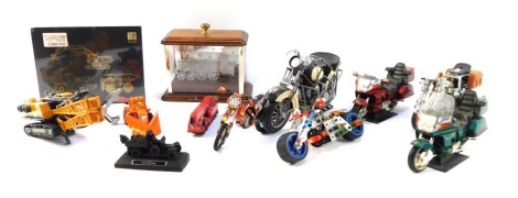 Motorbikes, locomotives and cars, including a TR123D digger set, 1:60 scale, a glass train in display case, model car and five various motorbikes and cranes, play worn. (1 tray plus)