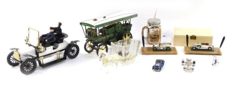 A traction engine, a White Town car, various car ornaments, pen trays and trinkets. (2 trays)