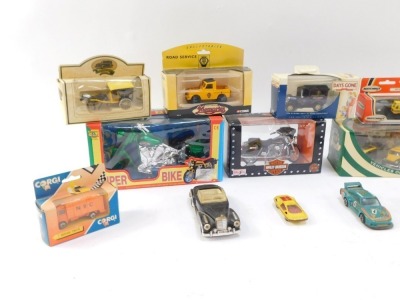 Diecast vehicles, play worn, boxed Harley Davidson motorbikes, AA Road Service collectables, Corgi Days Gone and other. (1 tray plus) - 2