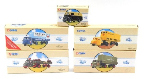 Five Corgi Classic diecast vehicles, comprising J Van Birmingham City Transport, Scammell Scarab Watneys, Scammell Scarab BRS Parcels, Scammell Scarab Eskimo Foods and Corgi Commercial Scammel Scarab Rail Freight, boxed. (5)