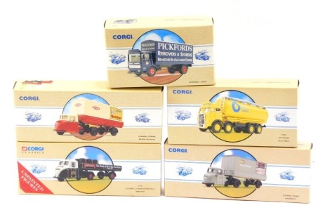 Five Corgi Classics models, comprising Road Transport Scammell Scarab Rail Freight, and ERF tanker Blue Circle, Corgi Commercials Pickfords Truck and Scammel Scarab British Rails, and a Corgi Classic Scammell Scarab Webster, boxed. (5)