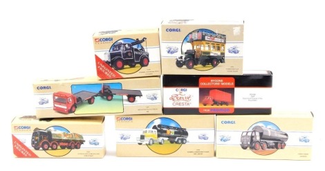 Corgi diecast vehicles, comprising Corgi Classics Scammell Highwayman Tanker, Shell Mex/BP, Atkinson eight wheel rigid Eddie Stobart, Scammell Highwayman crane Pickfords, Public Transport Thornycroft Bus Thomas Tilling, Road Transport AEC flat bed BRS, Co