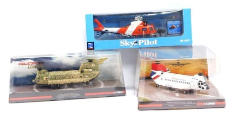 Aviation Archive Helicopter models, comprising Pioneers of Aviation British Airways Craft, Helicopter Legends, Boeing-Vertol Chinook HC1, and the New Ray Sky Pilot diecast vehicle, boxed. (3)