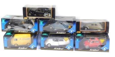 Seven Solido and Maisto diecast cast vehicles, comprising Solido Citroen HY1962, Citroen DS Berline 1963, Fiat 500 Open 1960, Citroen 2CV 1966, and Bugatti Royale and two Maisto models, a Citroen 15CV 6 CYL, and a Citroen 2CV, boxed. (7)