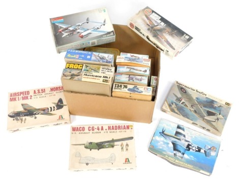 A collection of kit build aeroplanes, mainly 1:72 and 1:48 scale, to include Airfix Hurricane MK1, Hasequah P-51D Mustang, Revell Supermarine Sea Fire Monogram P-38J Lightening, Italeri AS51 Horsa Waco CG-4A, Revell P-51B Mustang III, Frog Whitley MKV, Re