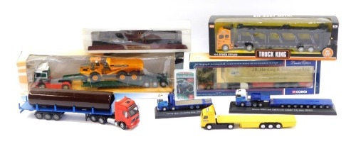 Diecast model trucks, comprising Weetibix, Scania R560 low cab and low loader, Scania R420, Globetrotter XL, Pacific Chapelon Nord locomotive model, a Truck King diecast model J R Harding & Sons arctic, playing cards and a transporter, some boxed. (a quan