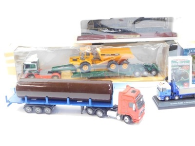 Diecast model trucks, comprising Weetibix, Scania R560 low cab and low loader, Scania R420, Globetrotter XL, Pacific Chapelon Nord locomotive model, a Truck King diecast model J R Harding & Sons arctic, playing cards and a transporter, some boxed. (a quan - 2