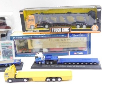 Diecast model trucks, comprising Weetibix, Scania R560 low cab and low loader, Scania R420, Globetrotter XL, Pacific Chapelon Nord locomotive model, a Truck King diecast model J R Harding & Sons arctic, playing cards and a transporter, some boxed. (a quan - 3