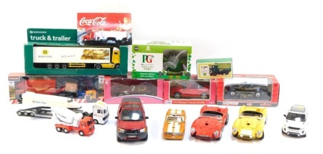 A group of diecast vehicles, play worn, comprising PG Tips model, Coca Cola truck, Maisto Super Edition, Majorette Mercedes 500 SL, Kid Connection diecast car, Toyland S & D Fry, Morrison's truck and trailer, Corgi Potter's Asthma Cure 5 ton cab over, NAS