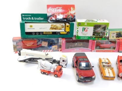 A group of diecast vehicles, play worn, comprising PG Tips model, Coca Cola truck, Maisto Super Edition, Majorette Mercedes 500 SL, Kid Connection diecast car, Toyland S & D Fry, Morrison's truck and trailer, Corgi Potter's Asthma Cure 5 ton cab over, NAS - 2