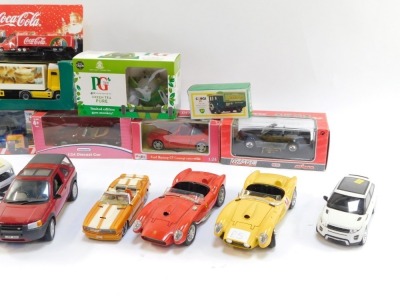 A group of diecast vehicles, play worn, comprising PG Tips model, Coca Cola truck, Maisto Super Edition, Majorette Mercedes 500 SL, Kid Connection diecast car, Toyland S & D Fry, Morrison's truck and trailer, Corgi Potter's Asthma Cure 5 ton cab over, NAS - 3