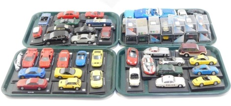 Diecast vehicles, mainly fitted on plinths, to include Renault 5 Turbo, BMW 507, Porsche 911 Targa, Porsche Cayenne Turbo 2002, loose models, Cararama cased models, etc. (4 trays)