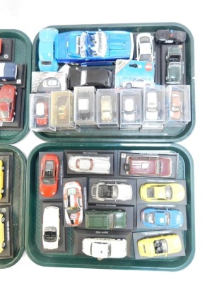 Diecast vehicles, mainly fitted on plinths, to include Renault 5 Turbo, BMW 507, Porsche 911 Targa, Porsche Cayenne Turbo 2002, loose models, Cararama cased models, etc. (4 trays) - 3