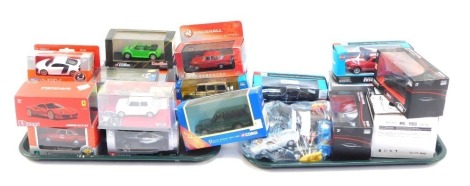 A group of diecast model cars, to include Power Drives, Vanguards, Burago, Corgi and others, mainly boxed, together with a group of loose play worn cars. (2 trays)