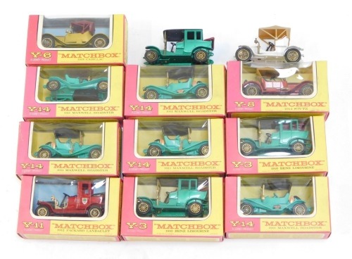 Matchbox Models of Yesteryear, comprising five Y14 models, two Y3 model, Y11, Y6 and Y8, together with two unboxed models of Y3 and Y4. (1 tray)