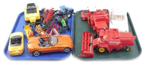 Diecast cars and agricultural vehicles, to include a Maisto Dodge, 1:18 scale, Motor Max Porsche 911 Turbo, New Holland combine harvester, ploughs, Deutz green tractor, Massey Ferguson 760 combine harvester (x2), and a saloon car. (2 trays)