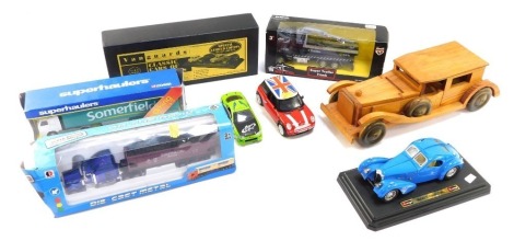 Diecast vehicles, comprising Vanguard Classic Cars of 1960's cased set, a Superpower On The Road truck, a WGT Car Super Trailer truck, Corgi Super Haulers Sommerfield van, Burago Bugatti Atlantic, Corgi Classics Scammell Highwayman Generator with closed p