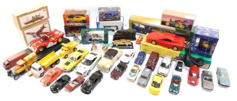 Diecast vehicles, loose play worn, to include Maisto, Burago and others, Ferrari Shell racing car, Mini Auto, Japanese sports car, a Bugatti T35 modern tin plate racer, modern tin plate plane, etc. (3 trays)