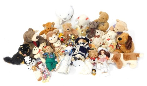 Soft toys, to include Happy Birthday Bears, dogs, Teddy Bears, porcelain doll, etc. (2 boxes)