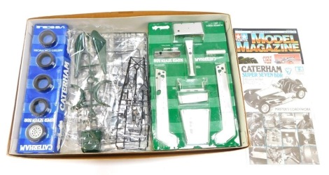 A Caterham Super 7 BDR Tamiya kit built, 1:12 scale, boxed.