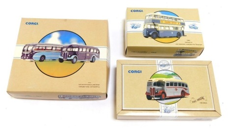 Corgi diecast vehicles, comprising Classic Public Transport twin pack Burlingham Seagull / Ace Regal York Brothers Northampton, Corgi Commercials No 1 AEC Regal, and Public Transport from Corgi Daimler CW West Bromwich Corporation Transport, boxed. (3)