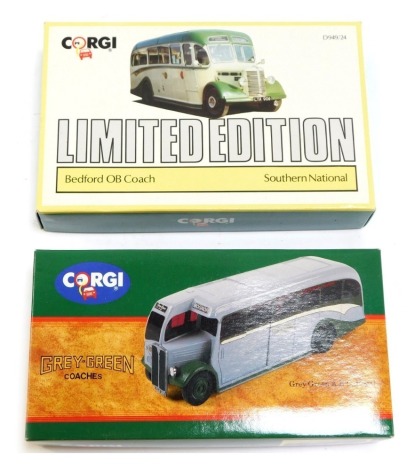 Two Corgi diecast buses, comprising Grey/Green Coaches AEC Regal, and Bedford OB Coach limited edition, boxed. (2)