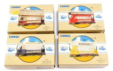 Corgi Classics Public Transport diecast vehicles, comprising Double Deck Tram Cardiff 97264, Single Deck Tram Ashton Under Lyne 97263, Double Deck Tram Paisley 97266, and Double Deck Tram Plymouth 97269, boxed. (4)