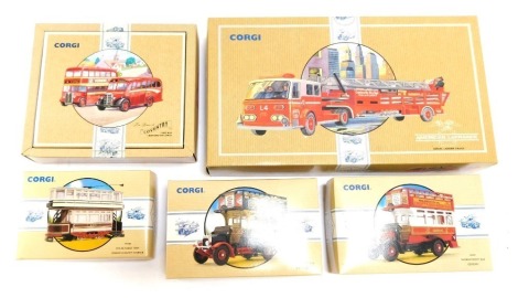 Corgi diecast vehicles, comprising Commercials From Corgi, The Buses of Coventry, one AEC Bus and one Bedford OB Coach, Public Transport from Corgi Double Deck Tram London County Council 97268, Fire Vehicles from Corgi American La France Aerial Ladder Tru