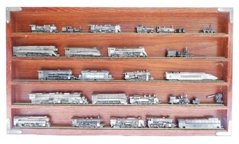 Diecast train models, in fitted display case.