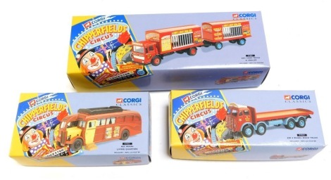 Corgi Chipperfield Circus models, comprising ERF 8 wheel rigid truck 97957, AEC Regal Living Quarters 97022, and AEC Cage Truck and Trailer 97889, boxed. (3)