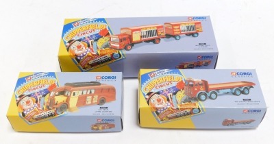 Corgi Chipperfield Circus models, comprising ERF 8 wheel rigid truck 97957, AEC Regal Living Quarters 97022, and AEC Cage Truck and Trailer 97889, boxed. (3) - 2