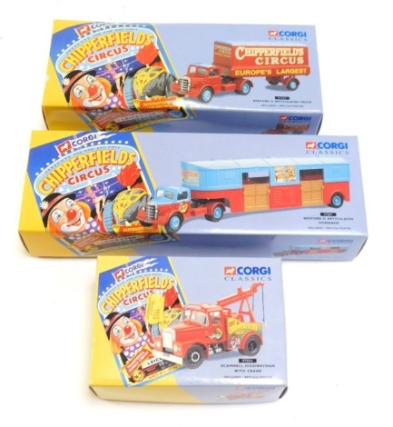 Corgi Classics Chipperfields Circus diecast vehicles, comprising Scammell Highwayman with crane 97886, Bedford O articulated horse box 97887, and Bedford O articulated truck 97303, boxed. (3)