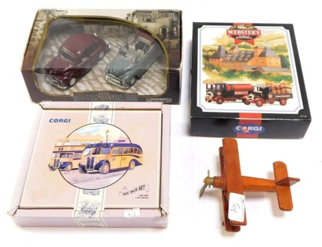 Diecast vehicles, comprising Corgi Webster's Home of Brewing presentation pack, 1:26 scale Morris Minor 1000 twin pack, wooden aeroplane and a Corgi Commercials AEC bus set, boxed. (4)