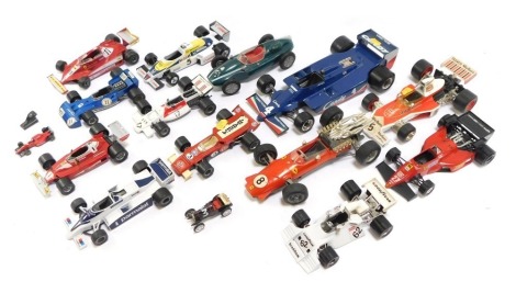 Diecast F1 cars, comprising Polistil Ferrari 312T2, Polistil Ferrari 312T3, Brabham BT 42, Lotus FX6, BRM Marlborough P160 F1, Polistil Tyrrell Ford F1, Corgi Mclaren M25B, Burago 2105, Empire Made green racing car, Schuco Ferrari Formel 2 320 PS and othe