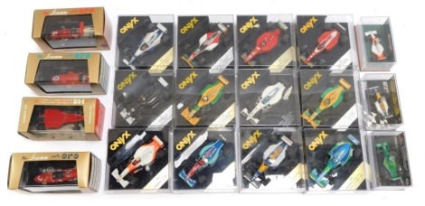 Onyx diecast F1 and other racing cars, comprising 167 Castrol Lotus, 187 Williams Renault, 190 Ferrari 412T1, 169 Ferrari F938, 173 Williams Renault FW15, 171 Sauber C12, 195 Jordan 194 Sasol, 204 Benetton Ford B194, 177A Benetton Ford B193, 206 Tyrrell Y