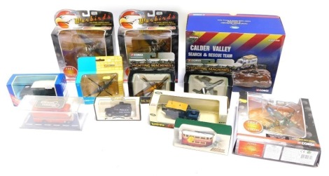 Diecast cars vans and vehicles, to include Lledo Promotionals Buses, Original Omnibus, Corgi Fighting Machines, Corgi Toys Aeroplanes, Corgi War Birds, Corgi Land Rover Defender and diorama, etc, boxed. (1 tray plus)