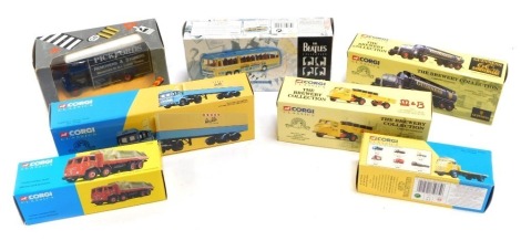 Corgi Classics and other diecast models, comprising Scammell Highwayman Tanker Set Guinness, AEC refrigerated box trailer for Walls, Blue Circle Cement Foden 4 wheel rigid truck set, Foden 8 wheel rigid, Scammell Scarab Delivery Truck Set Mitchells & Butl