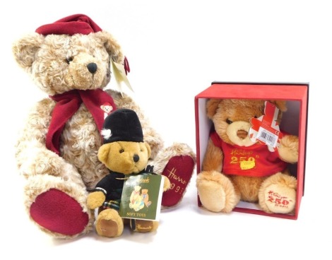 Harrods and Hamleys bears, comprising Harrods 1999 Bear, Harrods Scottish small bear, and Hamleys 250th Anniversary Bear, boxed. (3)