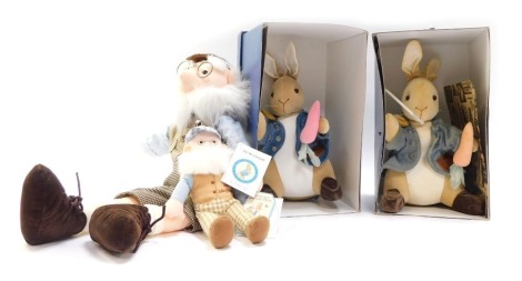 The Beatrix Potter Collection cuddly toys, comprising Mr McGregor, large and small, and two Peter Rabbits, and Peter Rabbit (boxed). (4)