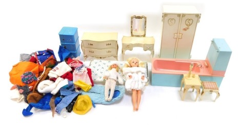 Sindy accessories, comprising wardrobe, bath, dressing table set, trunk and clothing. (a quantity)