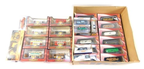 Diecast vehicles buses and trams, comprising mainly Corgi Tramlines, Matchbox Models of Yesteryear, Fire Fighter set, Volvo trucks, etc, boxed. (1 box)