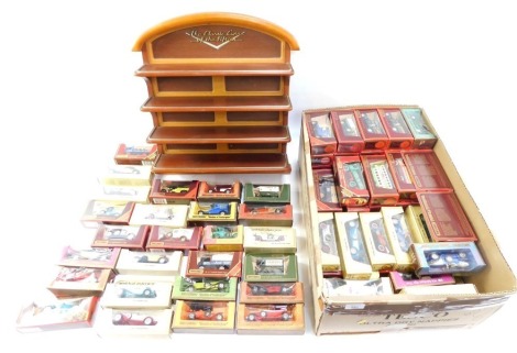 Matchbox Models of Yesteryear diecast vehicles, boxed, with presentation shelf.